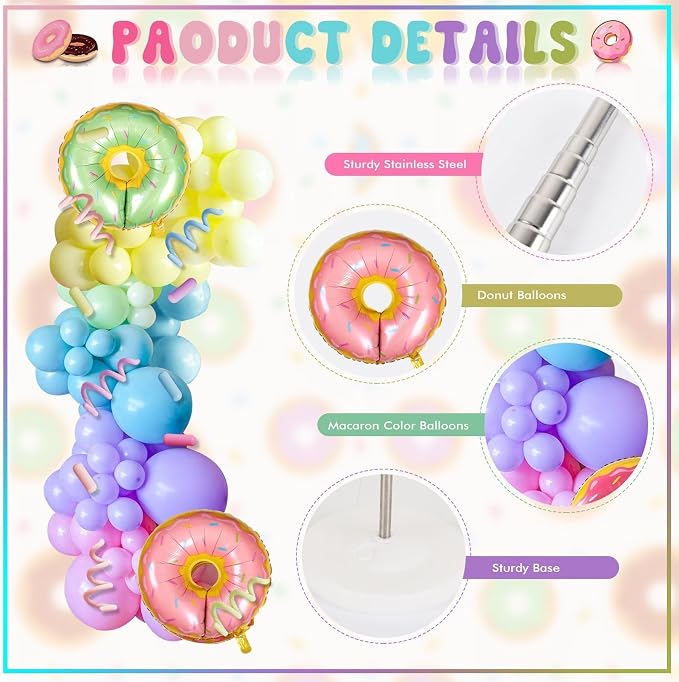2 Sets Christmas Candy Doughnut Balloon Column Stand Kits Adjustable Macaron Colour Rainbow Balloons Ice Cream Balloon Column Kit Candy Sprinkle Doughnut Themed Tower Stand Kit for Birthday Kids Party