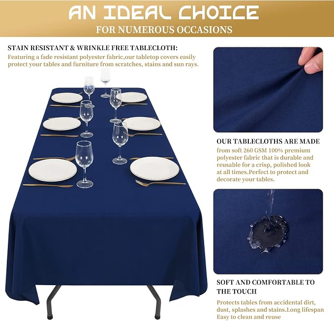 Showgeous 8 Pack Navy Blue Rectangle Tablecloths, 60 x 102 Inch, Wrinkle & Stain Resistant, Polyester, Perfect for 6ft Table, Weddings, Parties