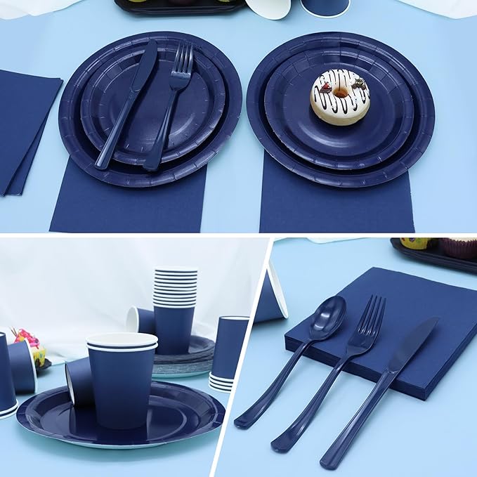 350Pcs Navy Blue Party Supplies for Navy Blue Party Decorations includes Paper Plates and Napkins Cups Utensils,Blue Disposable Plates Set for Boy Baptism Birthday Graduation Serve 50 Guests