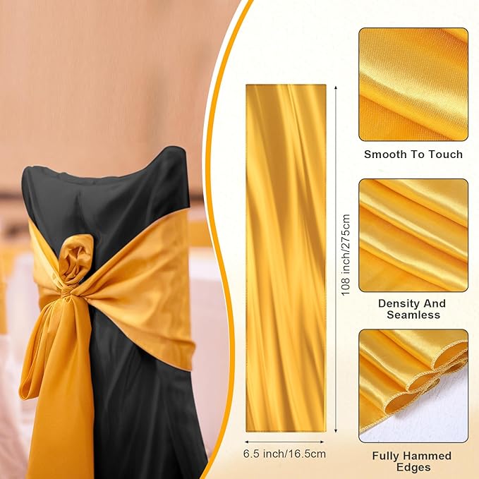 Lounsweer 50 Pcs Folding Chair Cover Set with 25 Stretch Spandex Slipcovers 25 Satin Chair Sashes Bows Ribbon Washable Banquet Protector for Wedding Event Party(Black, Gold)