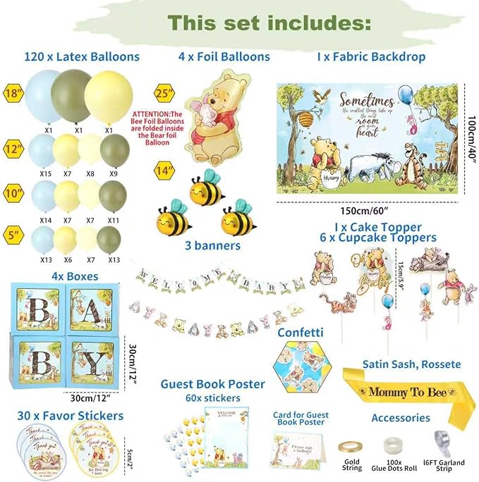 271 Pc Classic Winnie Baby Shower Decorations for Boy – All-In-1 Blue Pooh Baby Shower Balloon Arch, Vintage Pooh Bear Theme Party Decoration Kit with Backdrop, Banners, Baby Boxes, Sash & Table Décor