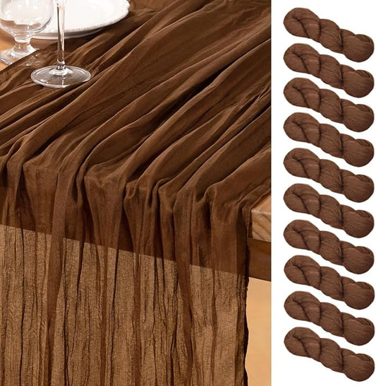 DeZerlor Brown Cheesecloth Table Runner 10 Pack Spring Easter Table Runners Boho Gauze 120 Inches Marron Cheese Cloth Table Decor for Wedding Bridal Baby Shower Parties