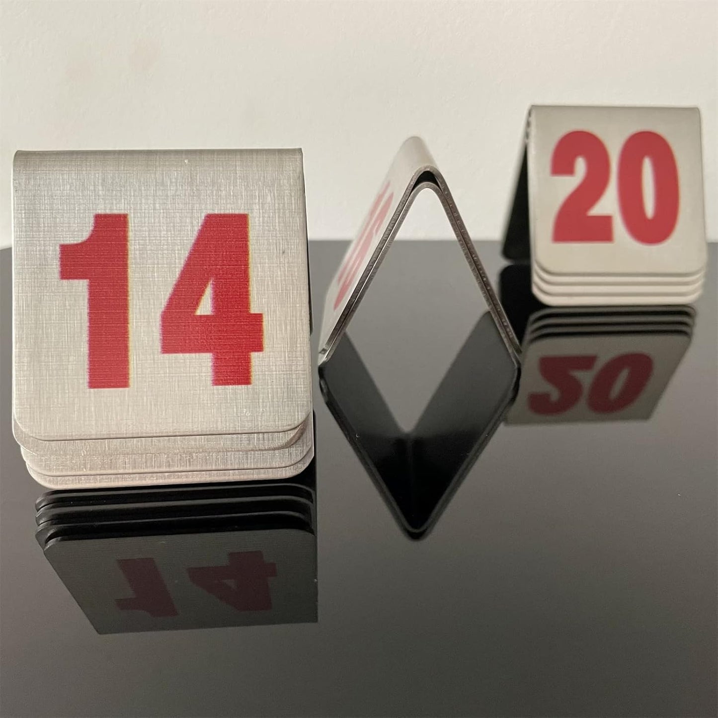 10 Pcs Metal Place Cards Stackable Tent Style Table Numbers，Place Card Holders for Celebration Wedding Party Restaurants Cafes Bars Gatherings meeting Room Board Game Serial (Small 11-20, Red)