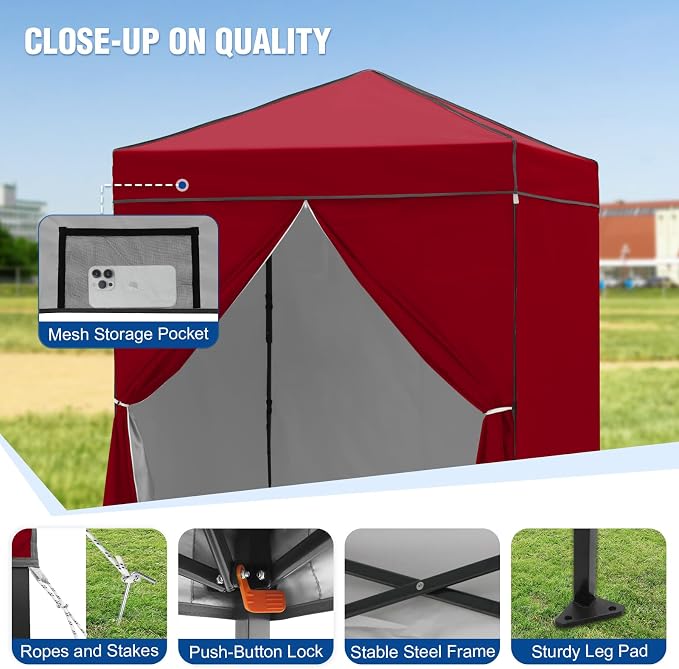 6x4 Pop Up Canopy Tent with Four Wall Panels, Instant Portable Beach Canopy, Outdoor Tent with Carry Bag for Camping, Sports, Tailgating, Events, Burgundy