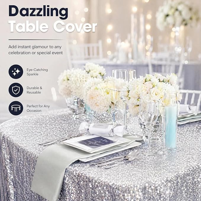 ShiDianYi Silver Sequin Tablecloth 50x72, Sparkly Glitter for Wedding Party | Full Dense Sequin, Serged Edges No Falling, Seamless Mesh, for 4FT Table, Wedding Birthday Outdoor Christmas