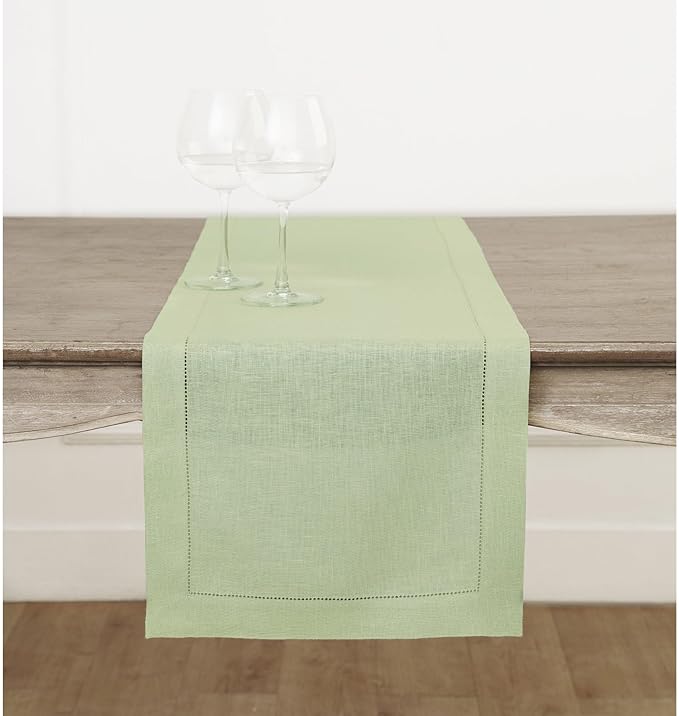 Solino Home Linen Sage Green Table Runner 90 Inches Long - 100% Pure Linen Hemstitch 14 x 90 Inch Table Runner for Dining, Spring, Summer, Mothers Day - Classic Hemstitch