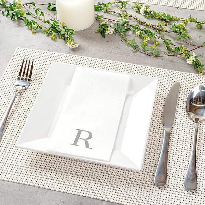 Luxenap 15.8 X 7.9 Inch Linen-Feel Guest Towels, 2000 Lettered Hand Towels - Silver Letter 'R', Sans Serif Font, White Paper Dinner Napkins, airlaid, For Restrooms And Tables - Restaurantware