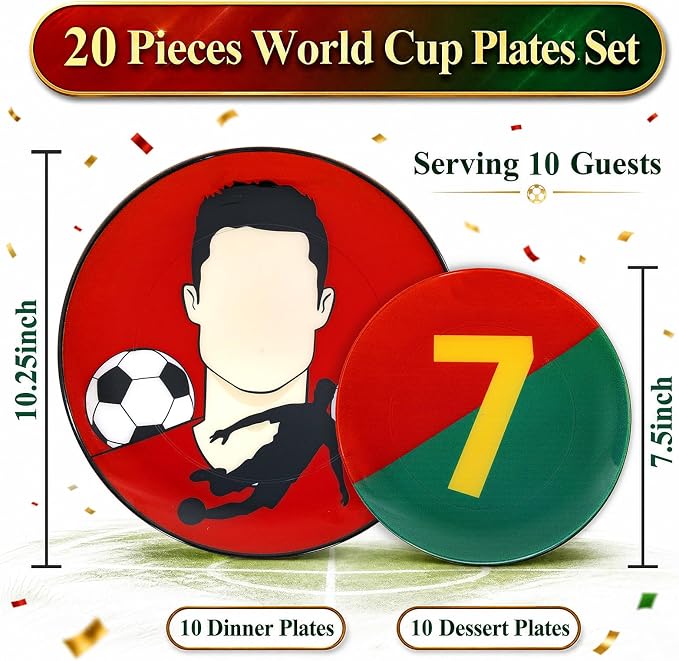I00000 20 Pcs Disposable Soccer Plastic Plates -Red plastic Plates,Heavy Duty Disposable Plates for Global Soccer Celebration Party Supplies include 10.25" Dinner Plate& 7.5" Dessert Plate for Party