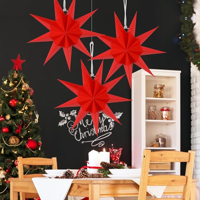 SUNBEAUTY 3 Pcs 9-Pointed Red Paper Star Lanterns 12 Inch Christmas Hanging Lamp Red Paper Decorations Shade Wedding Birthday Christmas Home Party Decorations
