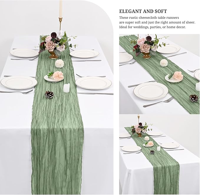 24 Pack Sage Green Cheesecloth Table Runner 120 inch Fall Thanksgiving Boho Rustic Gauze Farmhouse 10FT Cheese Cloth Runner for Baby Shower Wedding Party Holiday Home Decor