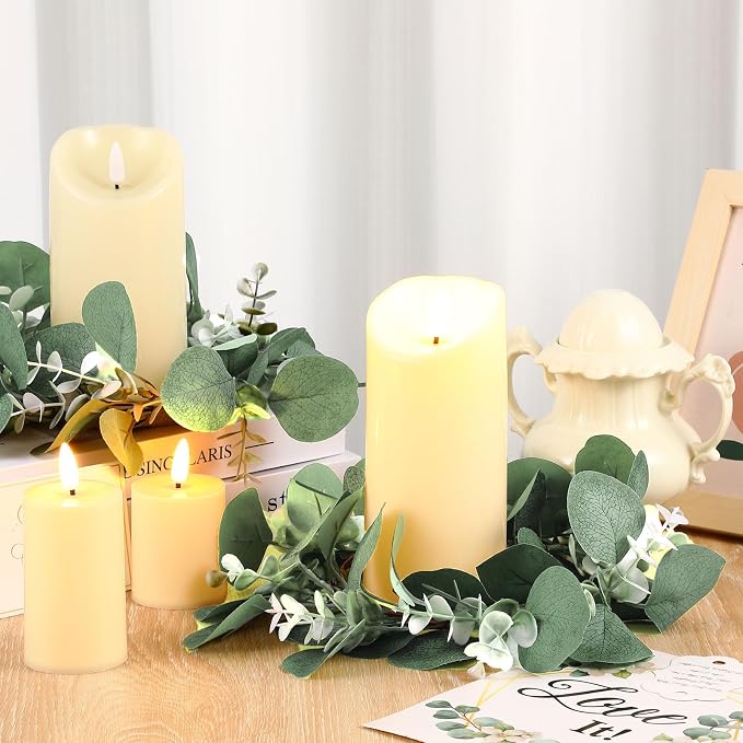 VIHOSE 10 Set Candle Rings Artificial Eucalyptus Leaves Wreaths with Flameless Candles Sets Boho Wreath Pillar Candleholders LED Pillar Battery Table Centerpieces for Wedding Party Table Door Decor