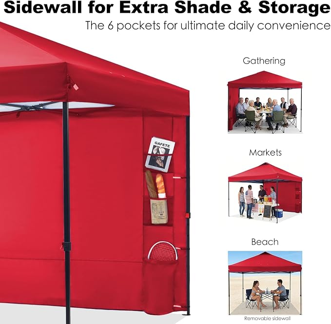 GAFETE 10×10 Pop Up Canopy Tent with 1 Pockets Sidewall, Easy up Sun Shade with One Push Setup, Portable Instant Outdoor Canopy Tent for Events Parties Camping with Carrying Bag (Red, 10x10 FT)