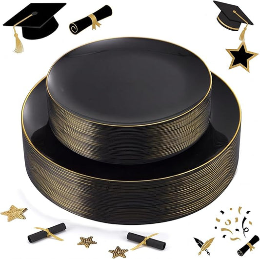 KIRE 60PCS Black Plastic Plates - Black Disposable Plates with Gold Rim for Halloween Party/Graduation - Include 30Pcs 10.25inch for Dinner and 30Pcs 7.5inch for Dessert