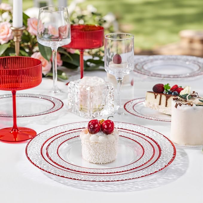 Ciaell 150 PCS Red Plastic Plates – Clear Hammered Disposable Plates with Red Rim include 50Plates, 25Forks, 25Knives, 25Spoons, 25Cups for Wedding & Party & Anniversary & Mother's Day