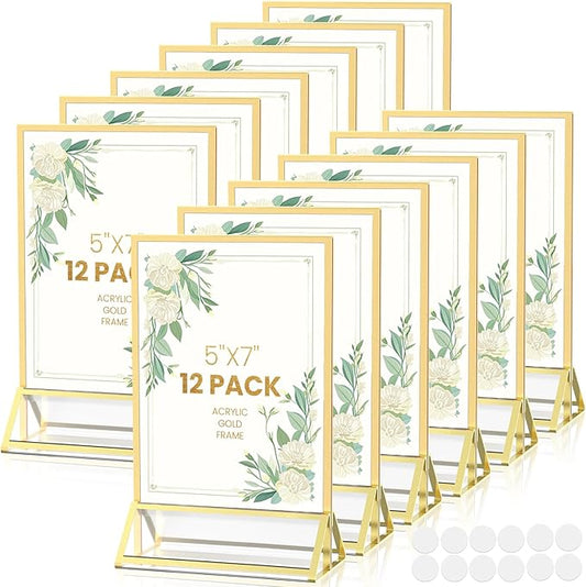 Gold Frames 5X7 Acrylic Sign Holder Double-Sided Tabletop Picture Frames for Menu, Wedding Table Number, Christmas Photos - 12 Pack With Removable Sticky Dots