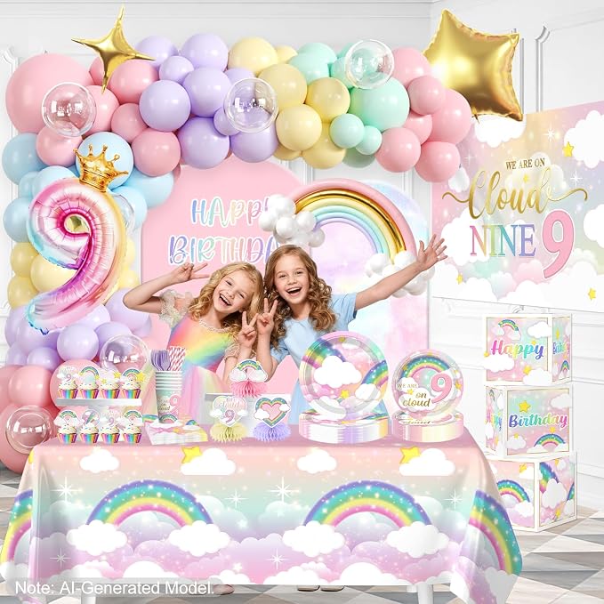 Cocomigo 303pcs On Cloud 9 Birthday Decorations for Girls, Worry-free One-stop Set for 25 Guests, with No-DIY Banner Thick Plates and Cupcake Toppers, Easy Setup for 9 Year Old Girl Birthday