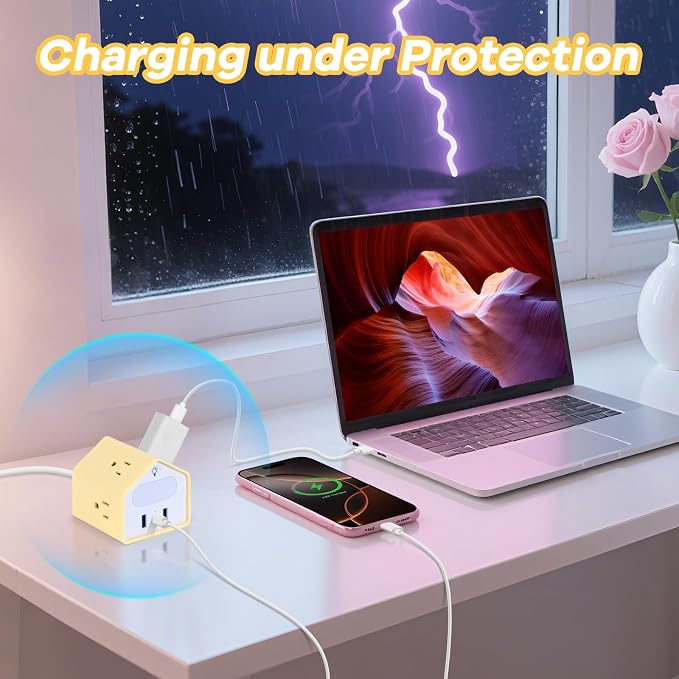 Handy Power Strip with Night Light - Yolk-Yellow Power StripOverload Protection Plug- 20W USB C Charging Station - 4 Outlets + 3 USB Ports for Desk, Nightstand, Couch, Makeup, Electronic Accessories