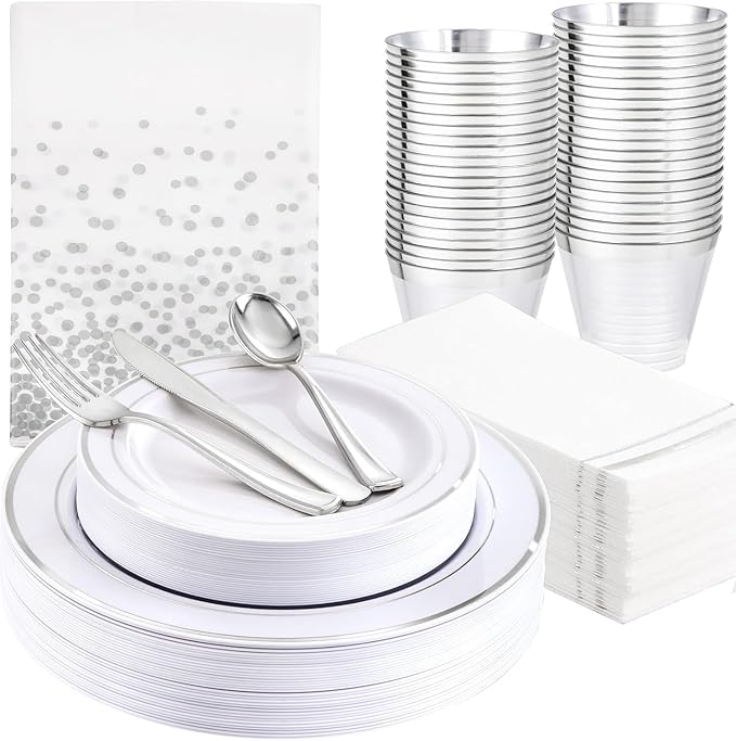 GATHER 176 Pieces Silver Plates - Disposable Silver Plastic Plates Includes 50 Plates, 75 Silverware, 25 Napkins, 25 Silver Rimmed Cups and 1 Tablecloth Perfect for Party & Weding