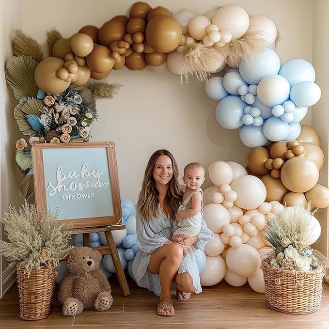 Brown And Blue Balloon Garland Double Stuffed Nude Tan Light Blue Beige Latex Balloon Arch Kit for Neutral Baby Shower Teddy Bear Gender Reveal Wedding Birthday Party Decorations