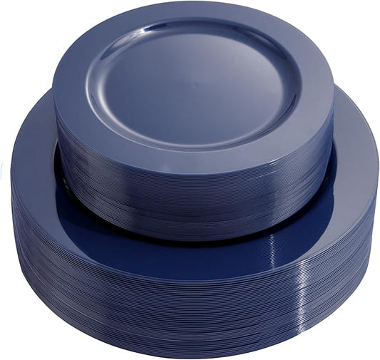 FLOWERCAT 100PCS Blue Plastic Plates - Heavy Duty Blue Disposable Plates for Memorial/Birthday Party/Graducation - Include 50PCS 10.25inch Dinner and 50PCS 7.5inch Dessert/Salad Plates for 50 Guests