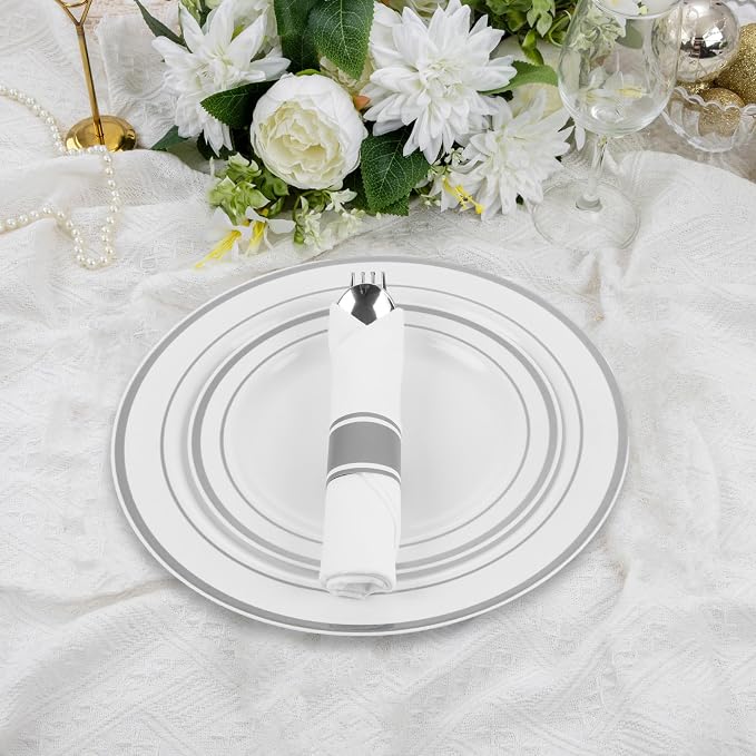 M MCIRCO ﻿175 Piece Silver Dinnerware Set,25 Silver Rim Plastic Plates, 25 Cups,25 Pre Rolled Napkins with Plastic Silverware, Disposable Dinnerware Set for 25 Guest