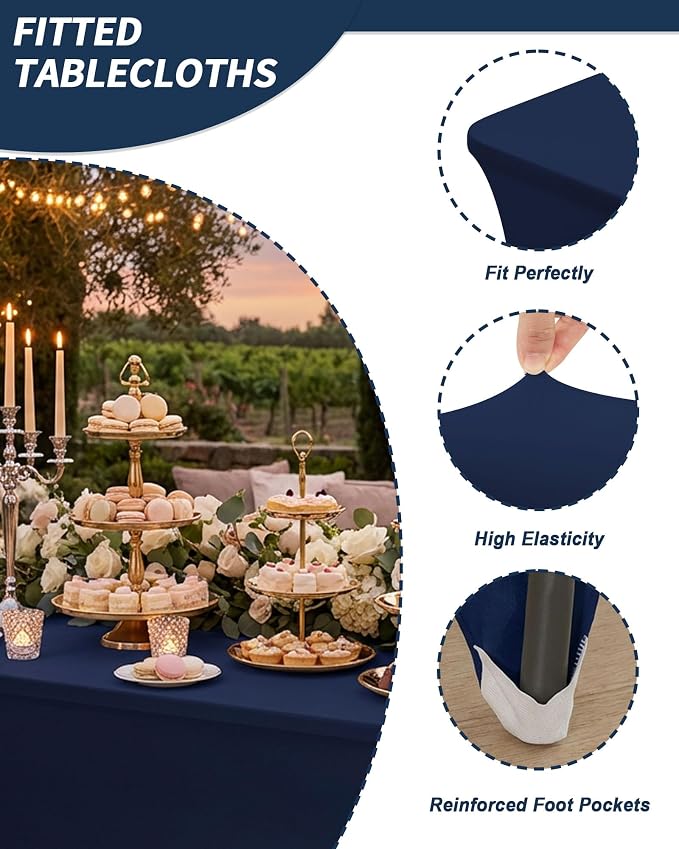Fixwal Navy Blue Tablecloths for 8 Foot Rectangle Tables, 2 Pack Spandex Stretch Fitted Table Covers for Party, Trade Show, Banquet, Buffet, Graduation
