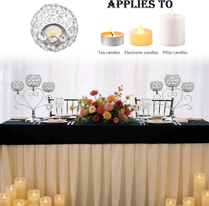 2 Pcs 3-Arm Heart Tea Light Candle Holder - Crystal & Metal Wedding Centerpiece Decor, Sparkling Table Decor for Anniversaries/Romantic Tabletop Home/Dinner Party/Events (2, Silver)