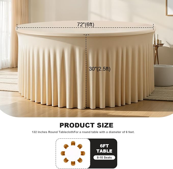 6 Pack Champagne 72 inch Round Spandex Tablecloth,Wrinkle-Free Stretchy Fitted 6FT Round Tables,Elastic Edge with Skirt,Washable Tablecloths for Wedding Banquet Party Birthday Buffet