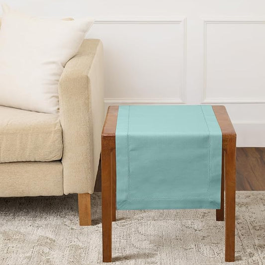Solino Home Cotton Linen Table Runner 36 Inches - Pastel Turquoise Hemstitch Table Runner 14 x 36 Inch Ideal for Dresser and Coffee Tables, Spring, Summer, Mothers Day