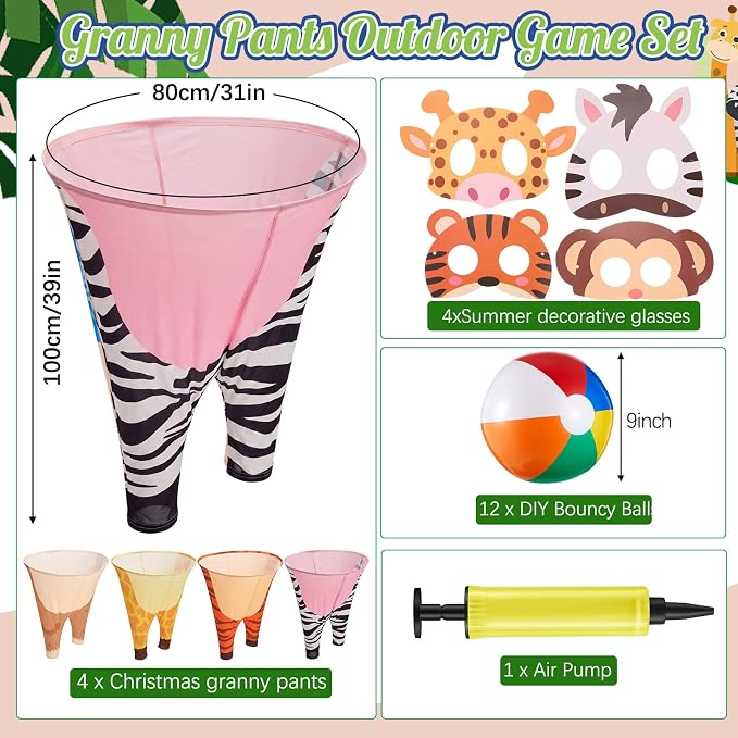21 Pcs Safari Jungle Party Games, Giant Animal Granny Pants Outdoor Game with Pump, Bouncy Balls & Animal Masks, Jungle Zoo Party Tossing Game for Family Team Activity Picnic Backyard