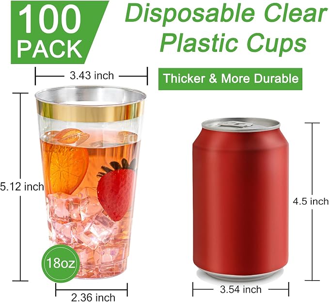 I00000 100 Pack 18 oz Gold Plastic Cups, Elegant Gold Rimmed Plastic Cups, Disposable Cocktail Glasses Wine Glasses, 18 oz Premium Tumblers Perfect for Birthday, Party & Wedding