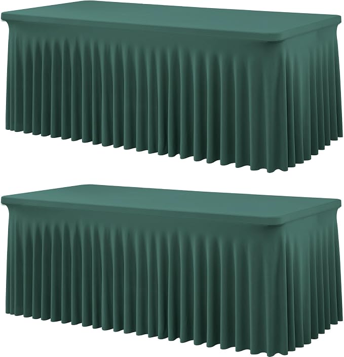 2 Pack Hunter Green Spandex Tablecloths for 6 Foot Rectangle Tables, Wrinkle Free Fitted Table Cover 6ft Green Stretchy Table Clothes with Skirt for Parties Weddings Birthday Banquet Baby Shower