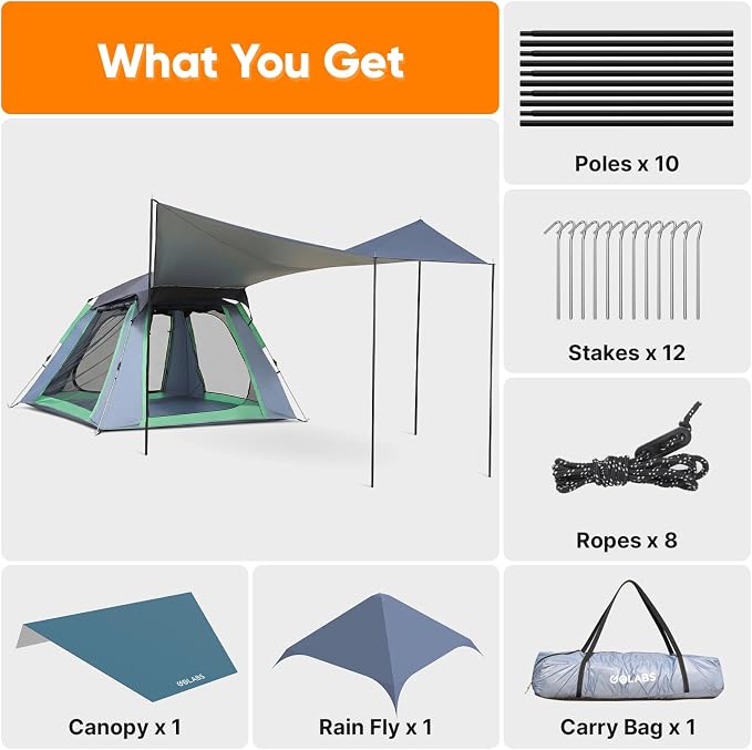 Golabs Pop Up Camping Tent for 2/3/4 Person, 1-Min Setup by Pre-Attached Pole, 4 Side Mesh& Door for View/Airflow, CT2 Instant Canopy Tent with PU1500mm Waterproof, for Outdoor/Camping/Music Festivals