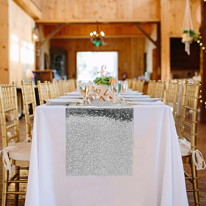 10 Packs 12 x 72 inches Silver Sequin Table Runner, Glitter Runner for Birthday Party Supplies Wedding Holiday Celebration Baby Shower Engagement Anniversary Decor