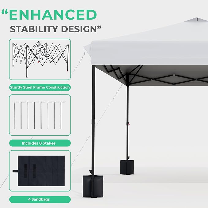 JEAREY 10x10 ft Pop Up Canopy Tent, Heavy Duty Outdoor Canopy with 1-Push Instant Setup, Commercial Tent with Roller Bag, 4 Sandbags and 8 Stakes, Water-Resistant, Off-White