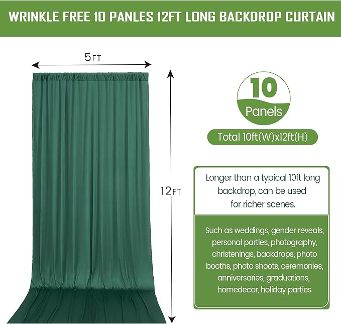 50ftx12ft Hunter Green Backdrop Curtains for Wedding-Wrinkle Free Backdrops Drapes Photo Back Drop Cloth for Baby Shower Photography Stage Reception 10Panels 12ft(H) x 5ft(W)
