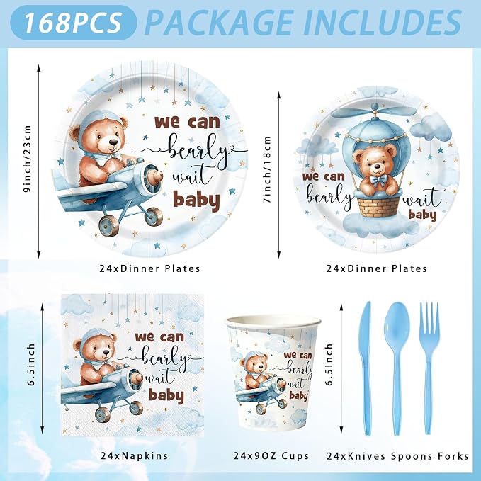 168pcs We Can Bearly Wait Plates Napkins Bear Baby Shower Party Supplies Disposable Tableware Set Teddy Bear Baby Shower Party Decorations Serve 24 Guests