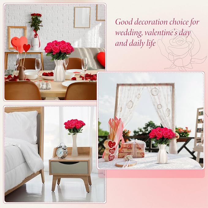 Hotop 20 Pcs Artificial Rose Flowers with Long Stem, Real Lifelike Silk Realistic Plastic Bouquet Roses Bulk for Home Decor Bridal Wedding Party Table Centerpieces Decorations(Hot Pink)