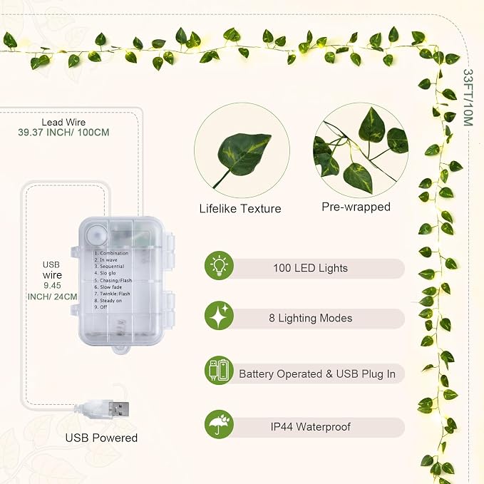 JMEXSUSS 33 FT 100 LED Vines with Lights USB/Battery Operated, Pothos Vines with Fairy Lights with Remote, Fake Leaf Lights for Bedroom Classroom Wall Dorm Wedding Decor (Warm White)