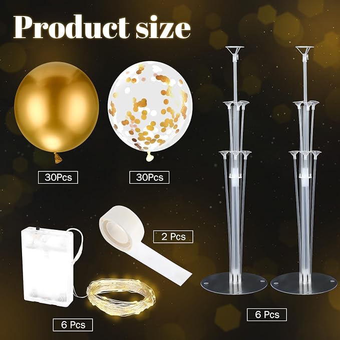 Junkin 6 Set Balloons Centerpieces for Table with LED String Light 60 Pcs Balloons Light up Table Balloon Stand Centerpieces for Graduation Birthday Baby Shower Wedding Bridal Shower(Gold)