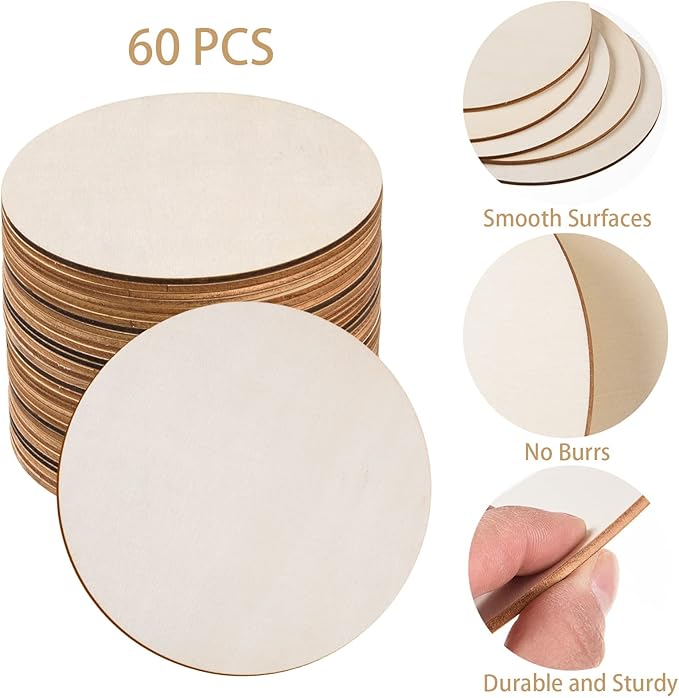 60 Pcs 6 Inch Wood Circles for Crafts Unfinished Circles Wooden Rounds Natural Round Wooden Disc Cutouts Blank Wood Slices for DIY Crafts, Coaster, Painting, Engraving, Home Decorations