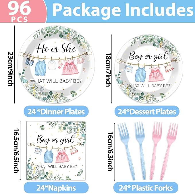 96Pcs Greenery Gender Reveal Party Decorations for Boy or Girl Baby Shower Plates Napkins Tableware Gender Reveal Disposable Baby Clothes Theme Plates He or She Paper Party Supplies for 24 Guests