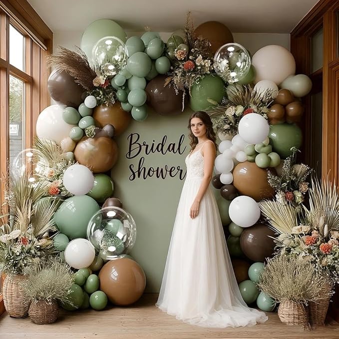 Green Brown Balloon Garland Double Stuffed Dusty Sage Green White Sand Balloons Dark Olive Tan Balloon Arch Kit for Neutral Baby Shower Birthday Bridal Wedding Woodland Safari Jungle Party Decorations