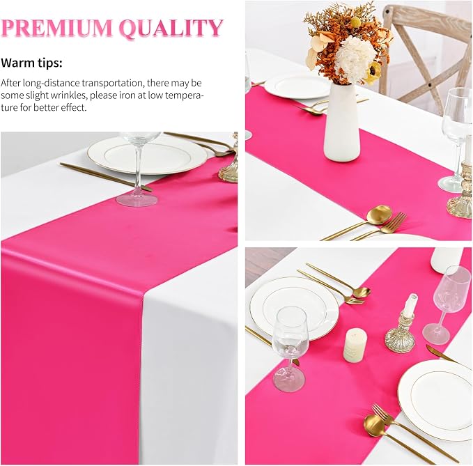 24 Pack Hot Pink Satin Table Runners 12 x 108 Inch Long Table Runners for Rectangle Round Tables,Smooth Satin Table Runner for Wedding,Birthday Party Banquets Graduation Engagements Decoration