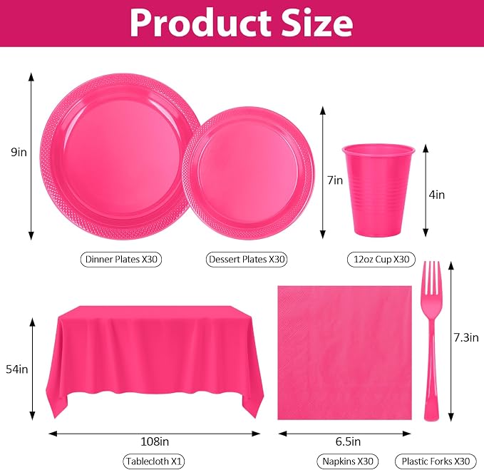 Hot Pink Plastic Plates for Party,30 Guest Disposable Plastic Plate Set 9" Plates,7" Dessert Plates,Napkins,12 oz Cups,Forks & Tablecloth for Girls Women,Summer Party,Birthday