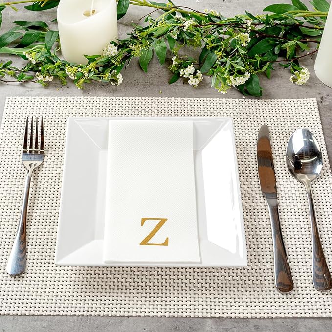 Luxenap 15.8 X 7.9 Inch Linen-Feel Guest Towels, 50 Lettered Hand Towels - Gold Letter 'Z', Sans Serif Font, White Paper Dinner Napkins, airlaid, For Restrooms And Tables - Restaurantware