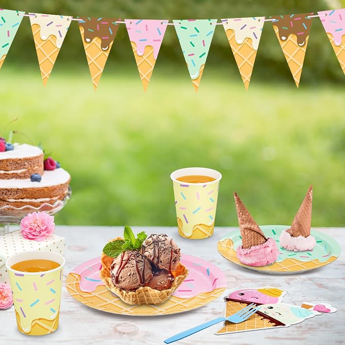 DYLIVeS 132 Pcs Ice Cream Birthday Party Supplies, Ice Cream Disposable Tableware Set Party Table Decorations for Girl, 9'' and 7'' Plates, Napkins, Cups, Forks, Banner, Serves 24