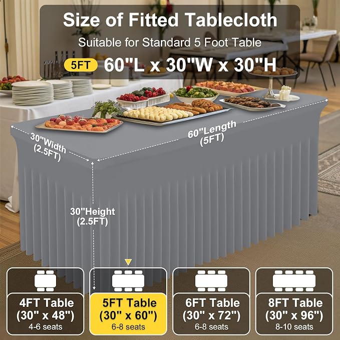 Smiry Spandex Tablecloth, Elastic Fitted Stretch Tablecloth for 5FT Rectangle Tables, Waterproof Washable Table Cover Skirt for Outdoor, Wedding, Banquet & Parties (Grey, 60Lx30Wx30H Inch)