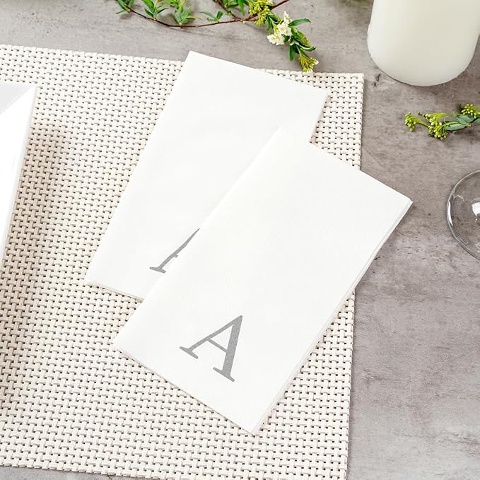 Luxenap 15.8 X 7.9 Inch Linen-Feel Guest Towels, 50 Lettered Hand Towels - Silver Letter 'A', Sans Serif Font, White Paper Dinner Napkins, airlaid, For Restrooms And Tables - Restaurantware
