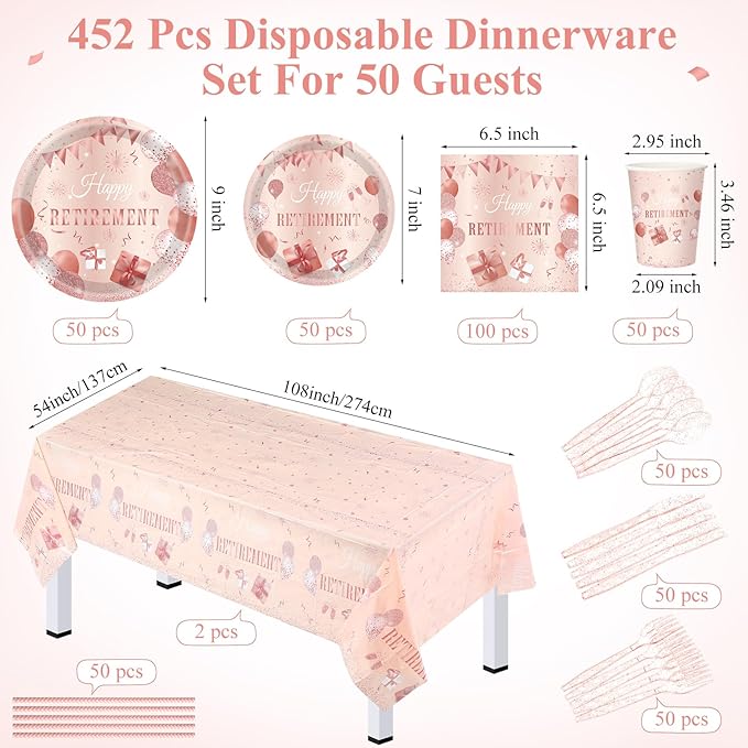 Funnymoom 452 Pcs Retirement Party Decorations for Women, Rose Gold Happy Retirement Paper Plates Napkins Cups Tablecloth Cutlery Straws for Women Say Goodbye Party Supplies, Serves 50 Guests